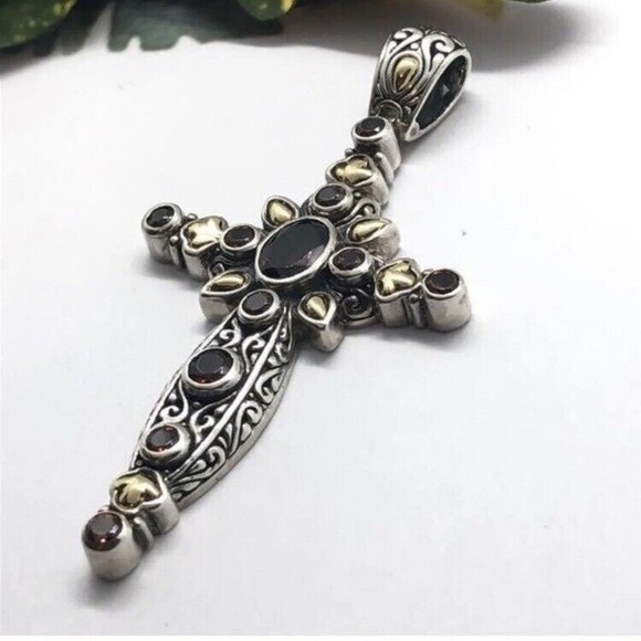 Samual Benham 18k Sterling Silver Garnet Cross Pendant - Picture 2 of 8